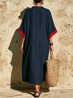 Navy Blue And Red Cotton-linen Dress With Patch Pockets, Featuring A Stand Collar, V-slit, And Mid-length Sleeves With Contrasting Binding At The Cuffs.