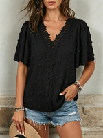 Short-sleeve Casual V-neck Swiss Dot Blouse With Lace Trim