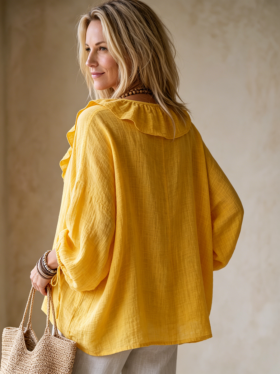 Sunny Ruffled Cotton-linen Blouse With Adjustable Sleeves