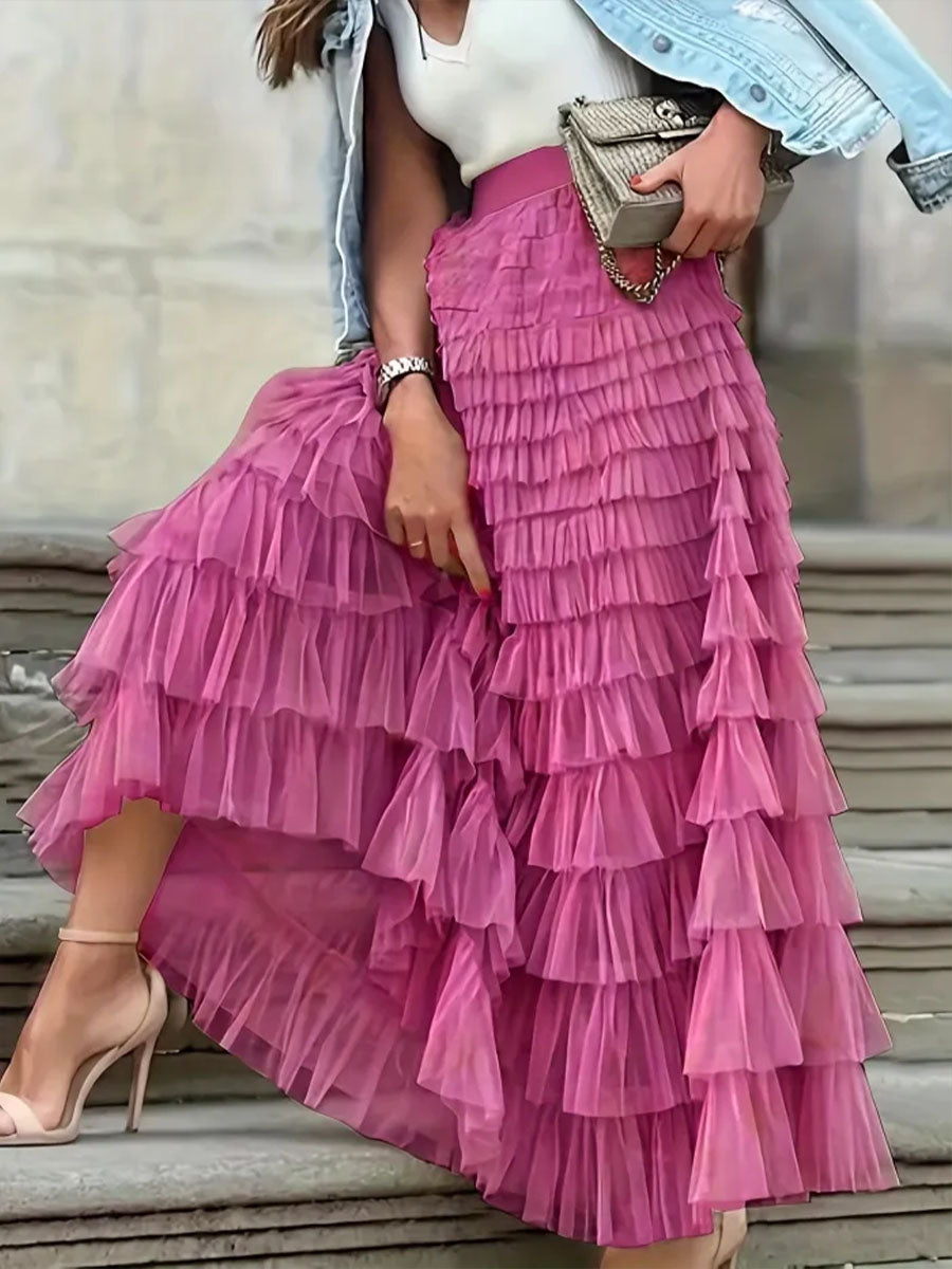 Women's Solid-color Elastic-waist A-line Tiered Mesh Skirt