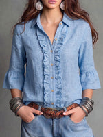 Women's Solid Color Lapel 3/4 Sleeve Casual Loose Cotton-linen Cardigan Top