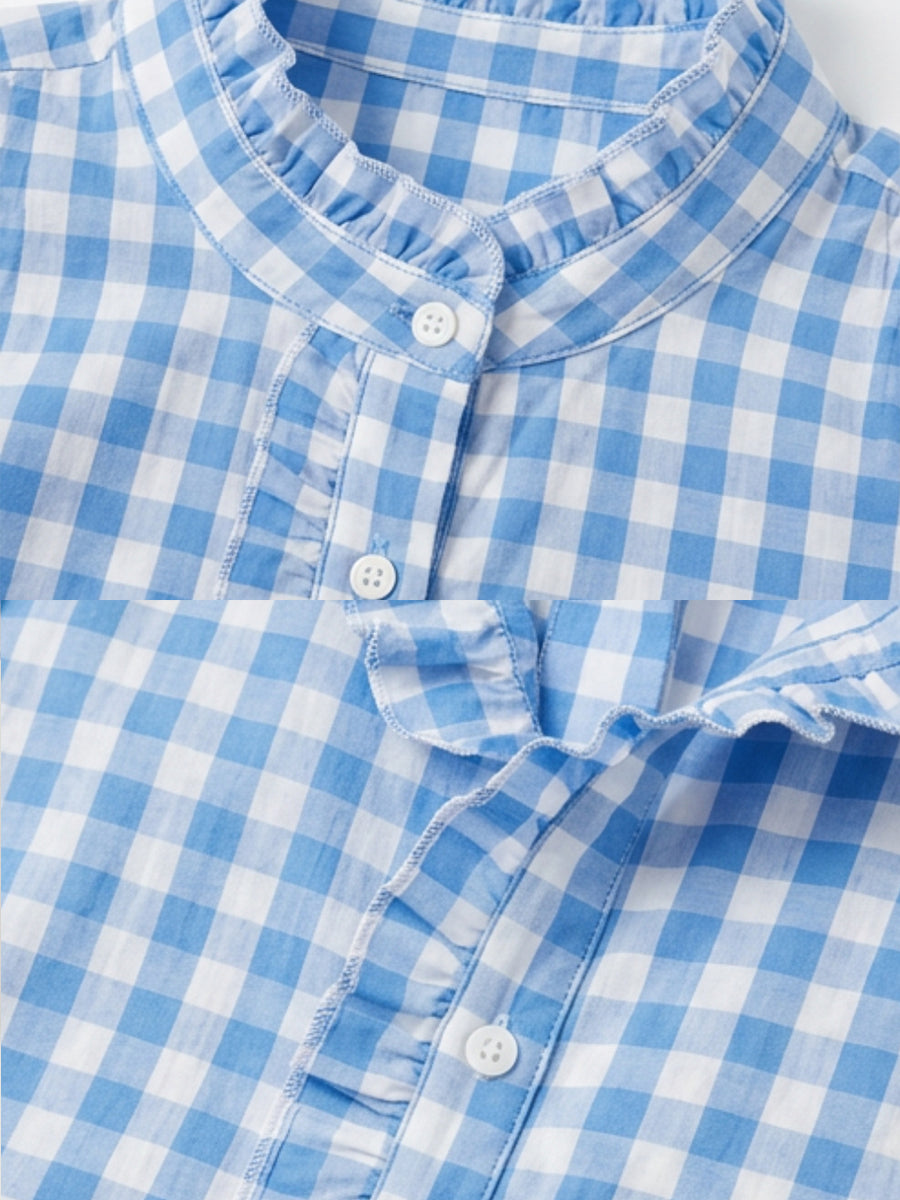 Casual Linen-cotton Plaid Shirt With A Ruffle Collar