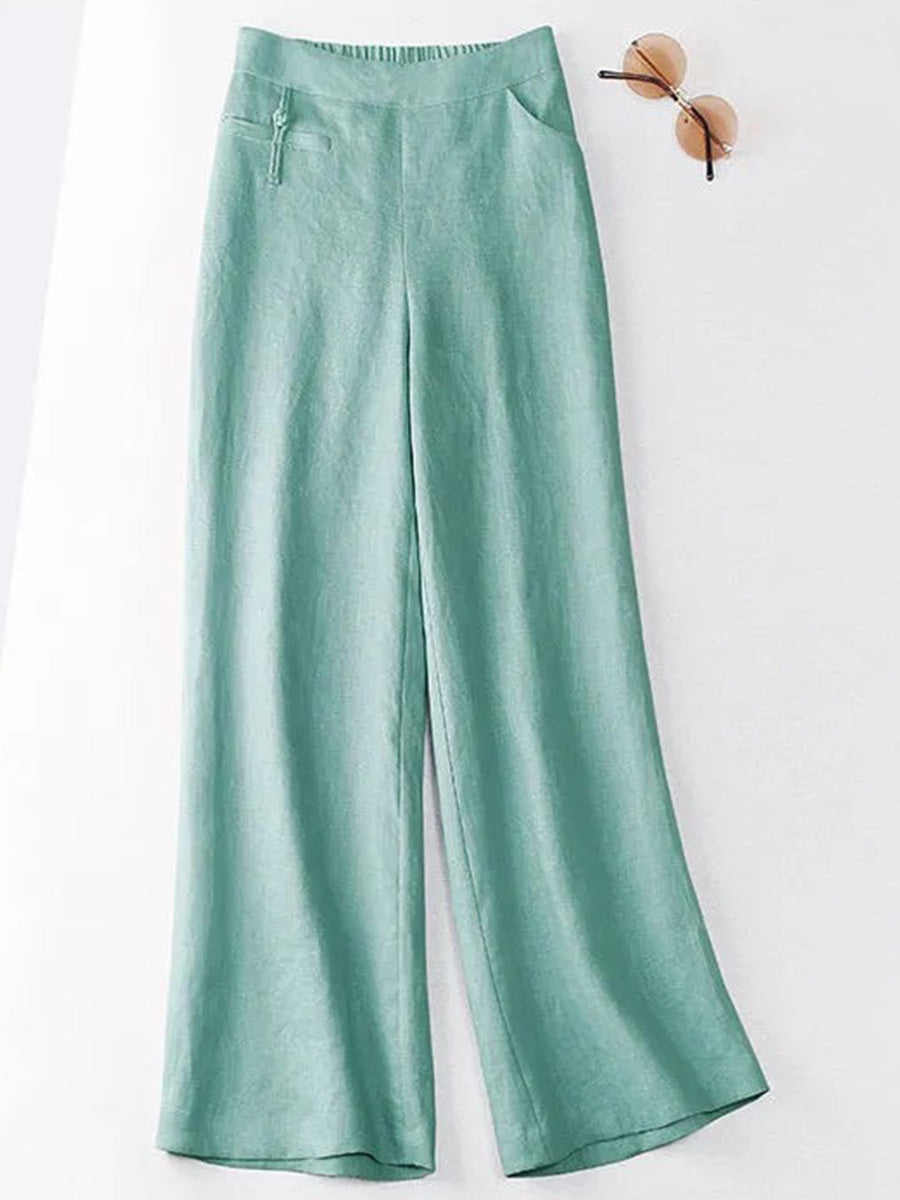 Women's Solid-color High-waisted Loose-fit Cotton-linen Wide-leg Casual Pants