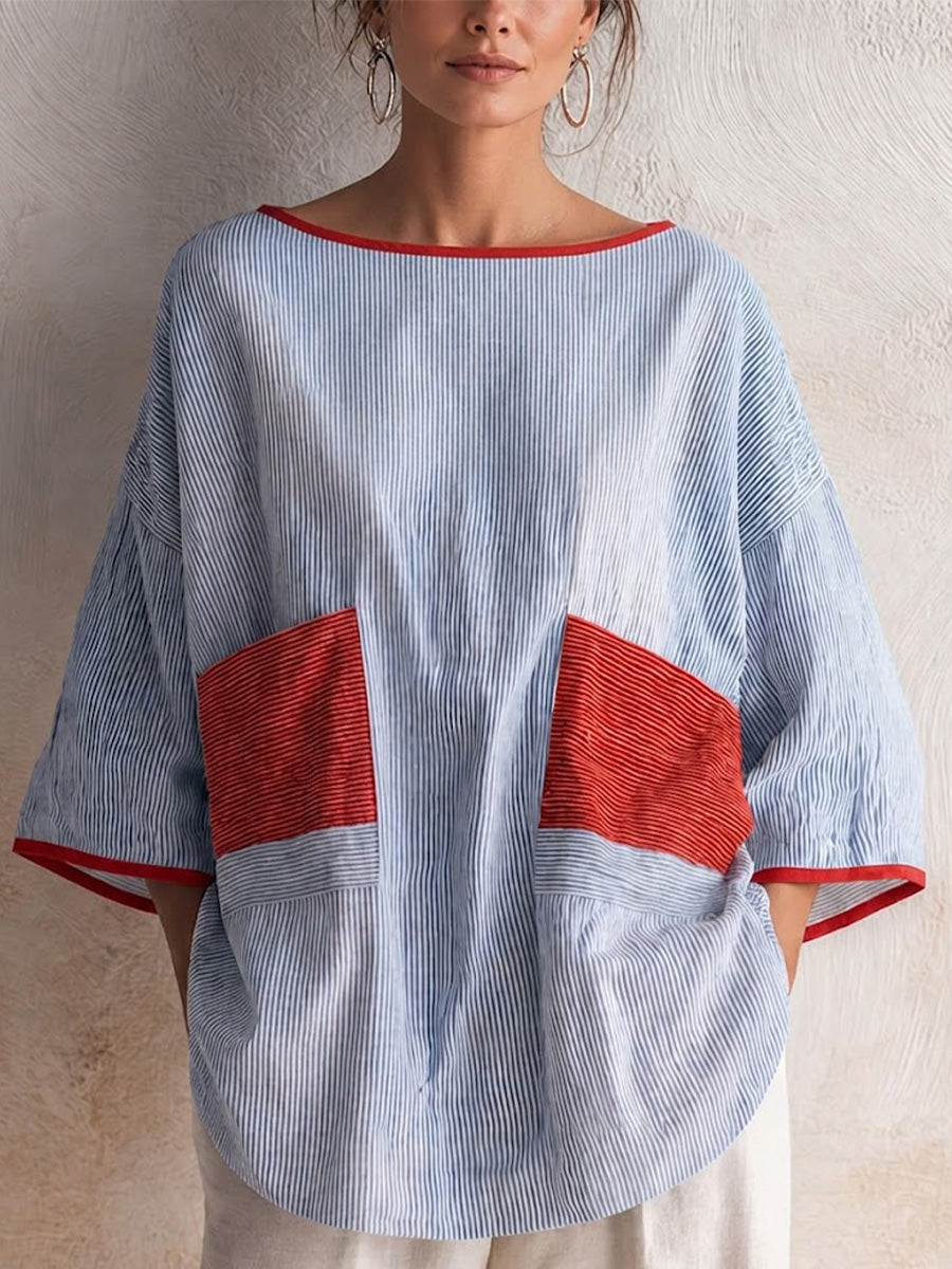 Retro Casual Cotton-linen Shirt Featuring Color-blocked Piping, Paneling, Stripes, And Three-quarter Sleeves