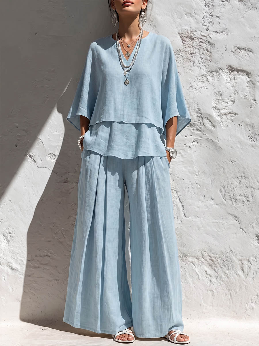 Women's Solid-color Cotton-linen Set: Casual Loose V-neck 3/4-sleeve Top And High-waisted Wide-leg Pants