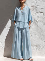 Women's Solid-color Cotton-linen Set: Casual Loose V-neck 3/4-sleeve Top And High-waisted Wide-leg Pants
