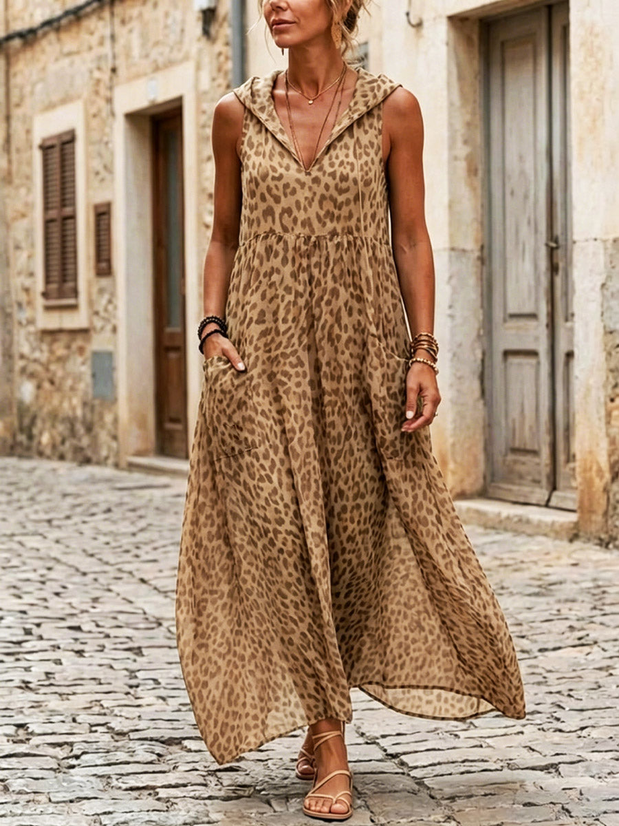 Women's Retro Leopard Art Print Casual Sleeveless Chiffon Maxi Dress