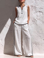 Women's Solid Color V-Neck Sleeveless Casual Loose Cotton-Linen Top and High-Waisted Wide-Leg Pants Set