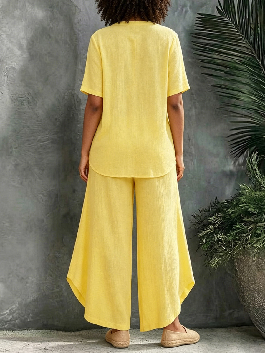 Women's Casual Stylish V-Collar Top And Pants Cotton And Linen Two-piece Set