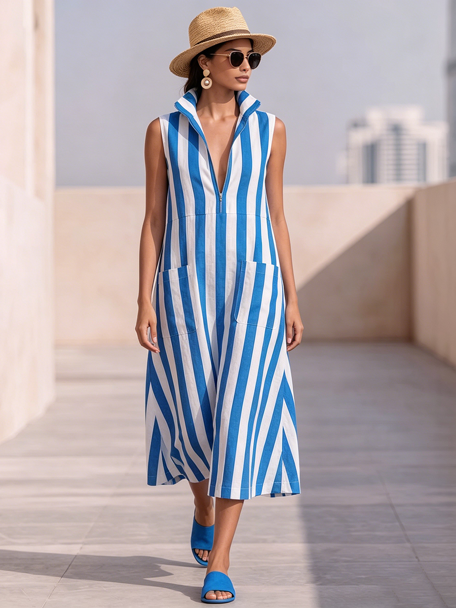 Breathable Striped Cotton-linen Dress With Stand Collar