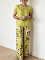 Women's Casual Short Sleeve Top And Floral Pants Cotton And Linen Two-piece Set