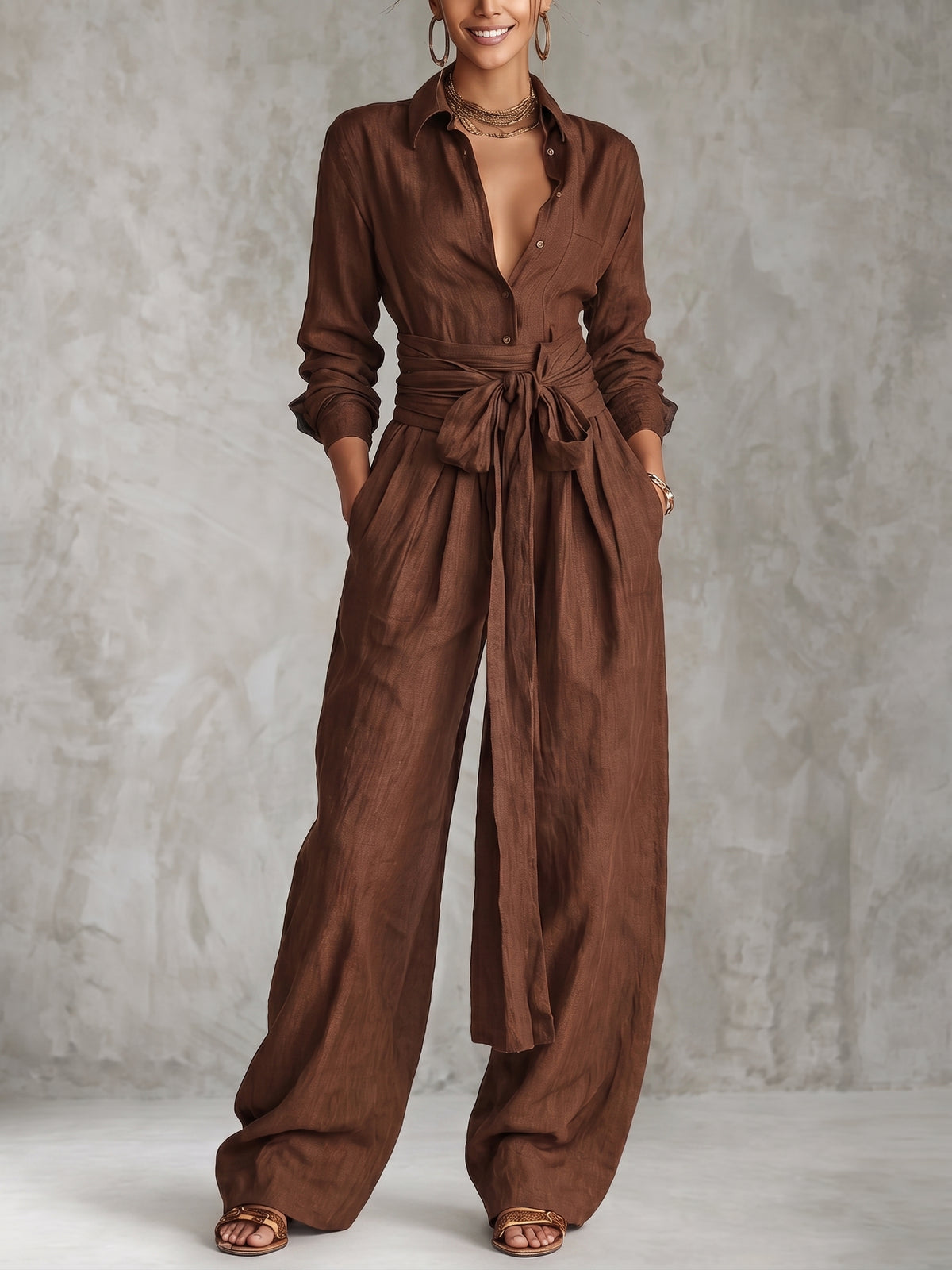 Solid Color Collared Top And Stylish Casual High-waisted Trousers Two-piece Set