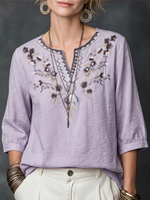 Flower Embroidery V-neck Seven Fold Pleated Sleeve Cotton Linen Blend Top