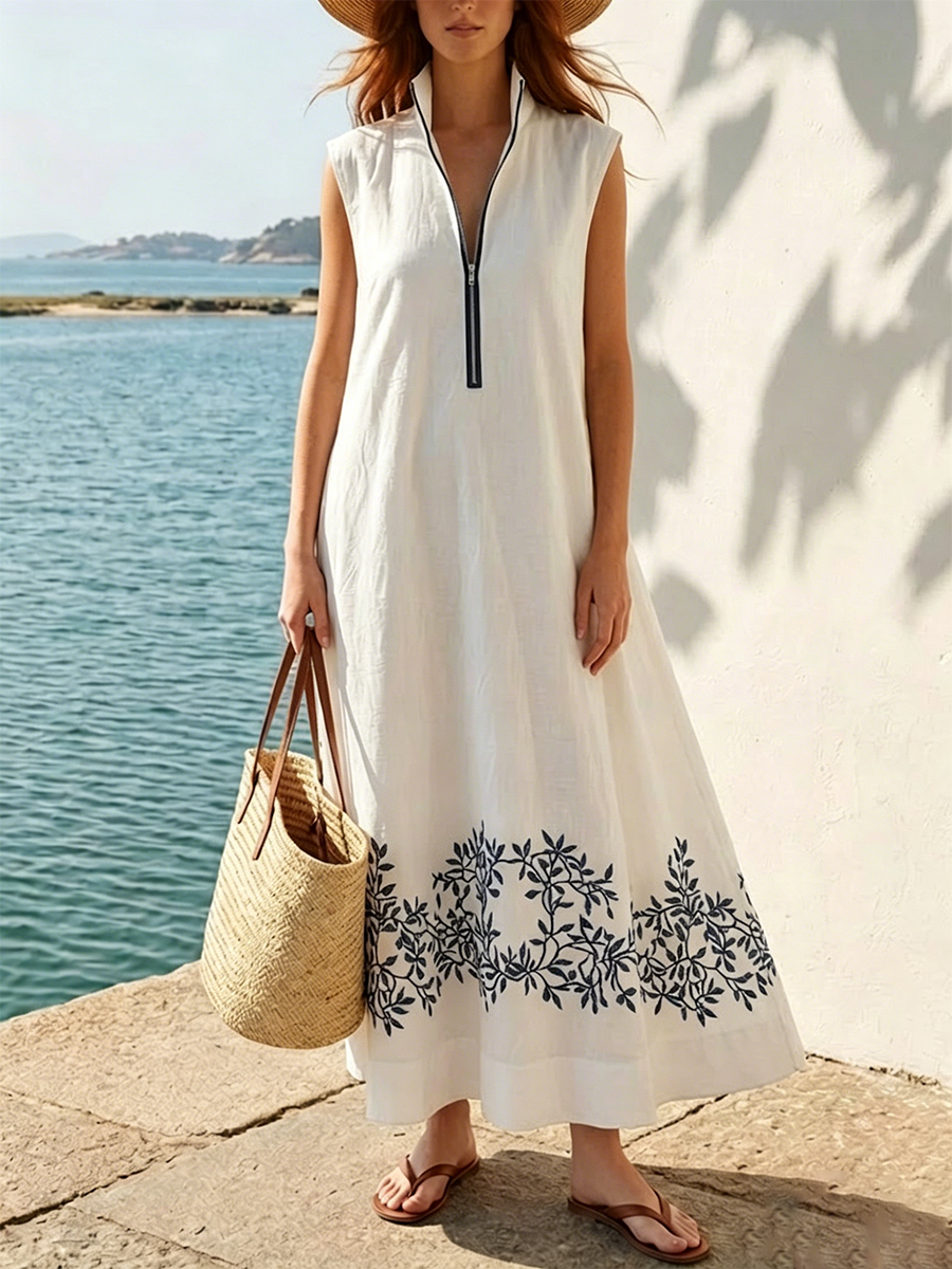 Minimalist Resort-style Cotton-linen Sleeveless Dress With A Front Zipper And Stand Collar