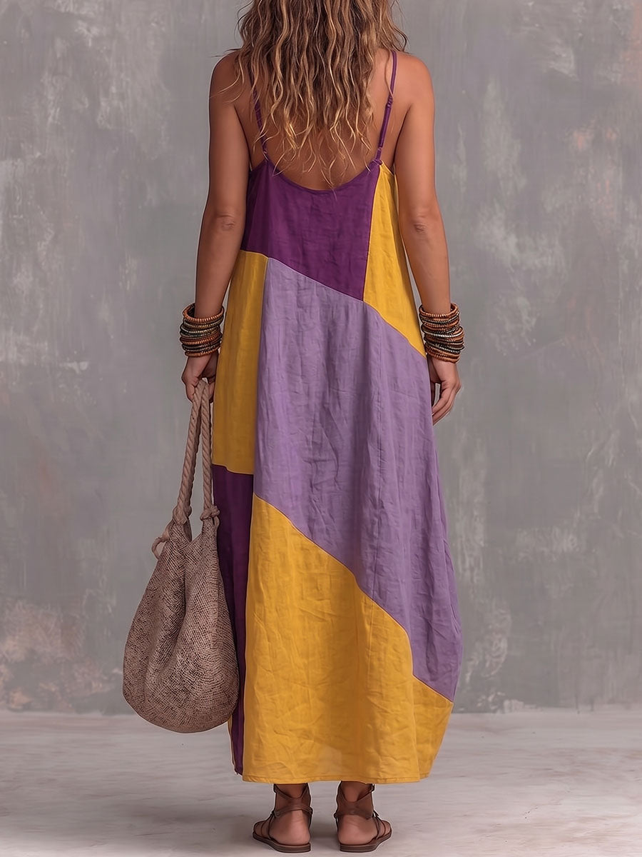 Women's Geometric Print Sleeveless Cotton-linen Casual Loose-fit Round-neck Cami Dress