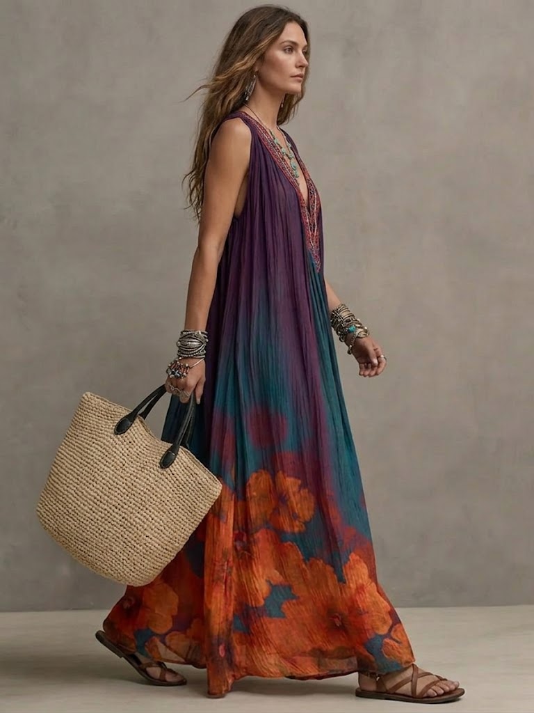 Bohemian Floral Print Sleeveless Linen And Cotton Maxi Dress