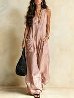 V-neck Sleeveless Loose-fit Utility Jumpsuit With Large Patch Pockets