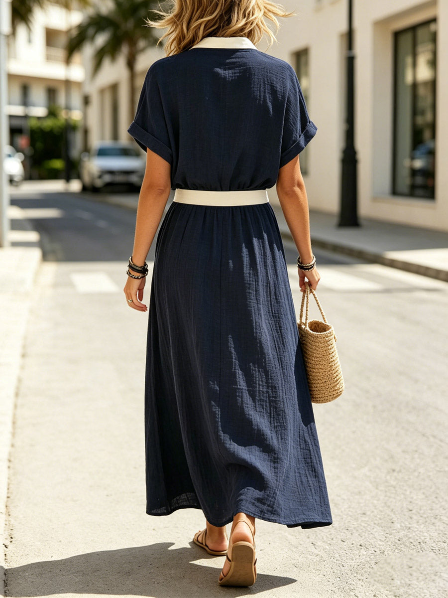 Women's Color Block Art Stylish Casual Top And Skirt Cotton Linen Two-piece Set