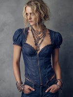 Vintage-Inspired Denim Top – Lace Trim Zip-Front Bustier