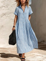 Loose And Comfortable Plaid Cotton-linen Shirt Dress