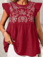 Women's Casual Ruffled Stylish Embroidered Art Round Collar Loose Shirt
