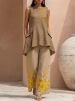 Retro Resort-style Sleeveless Round-neck Top With An Asymmetrical Hem And Wide-leg Linen Trousers Set