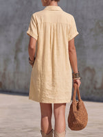 Women's Solid Color Lapel Short-sleeve Casual Loose Cotton-linen Shirt Dress