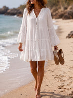 Loose-fit Casual Linen-cotton Dress With Lace Paneling