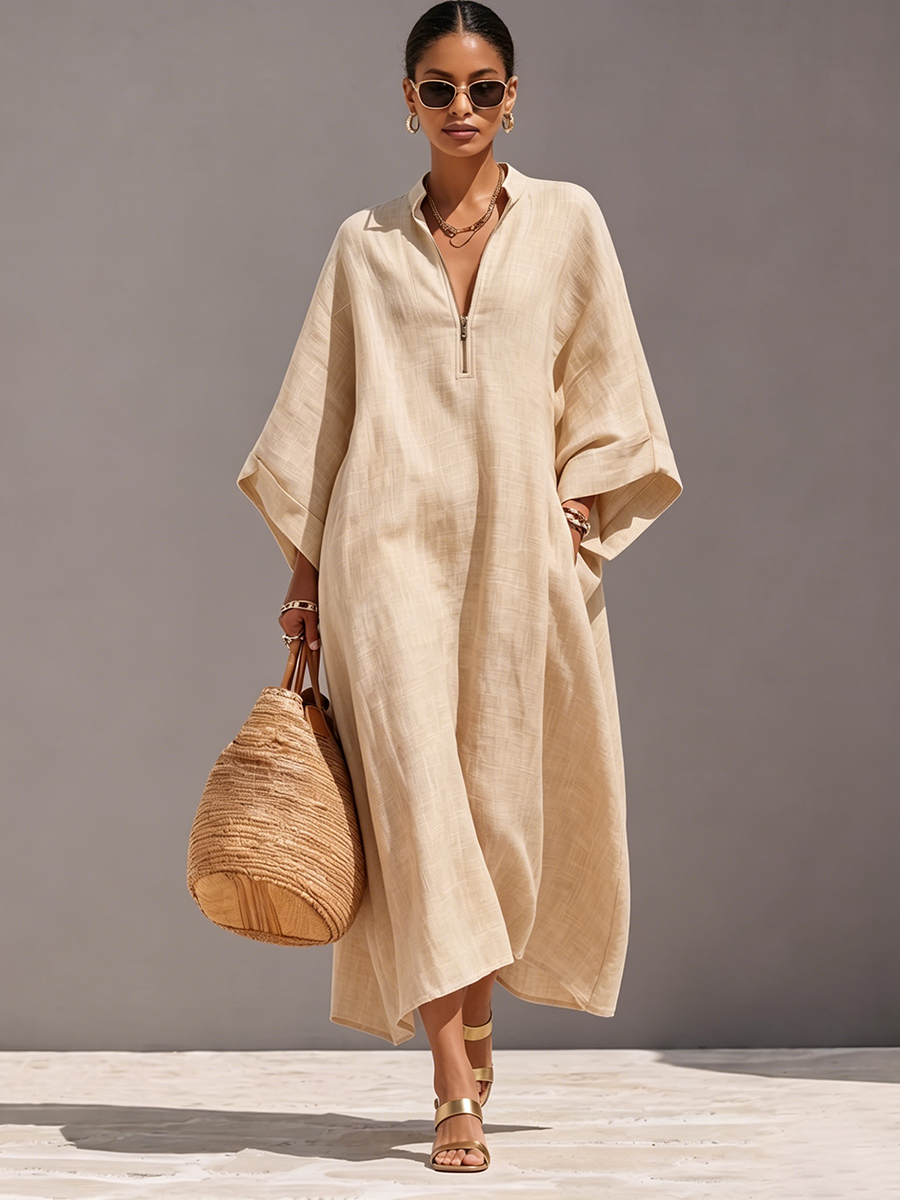 Minimalist Beige Cotton-linen Zip-front Caftan Maxi Dress