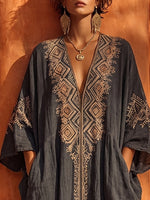 Breathable Cotton-linen Boho Dress With Diamond Print