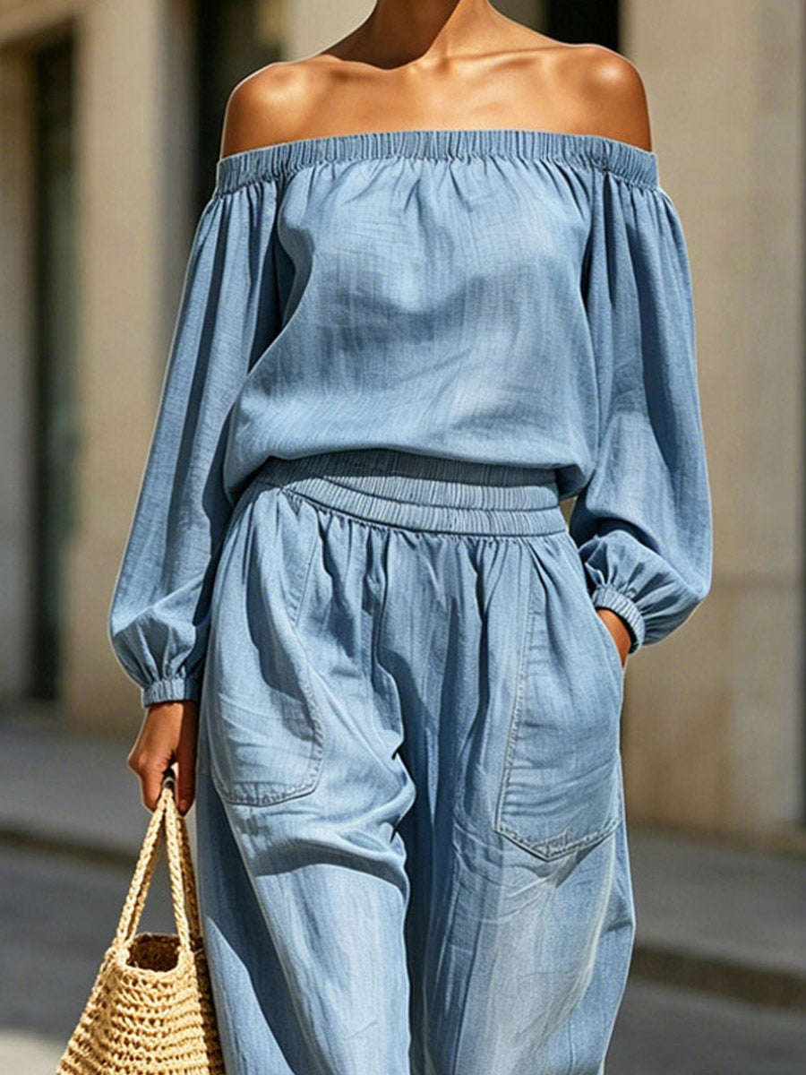Women's Off-the-shoulder Art Comfortable Casual Top And Pants Denim Two-piece Set