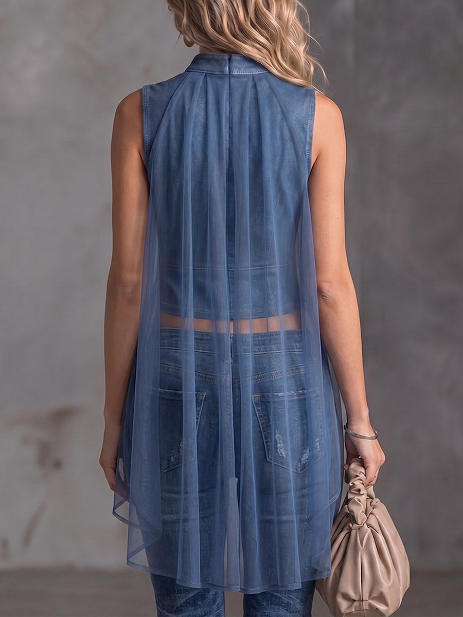 Women's Stand-collar Sleeveless Casual Loose Denim Top With Chiffon Paneling