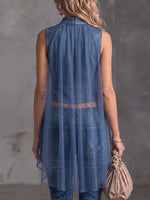 Women's Stand-collar Sleeveless Casual Loose Denim Top With Chiffon Paneling
