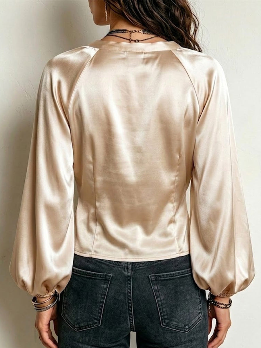 Satin Wrap-style Blouse Featuring A Folded Crossover Shoulder Design, Side-drawstring Waist, And Loose-fitting Puffed Long Sleeves
