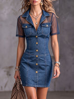 Women's Casual Loose-fit Denim Dress With Chiffon Panels Lapel Collar, And Short Sleeves
