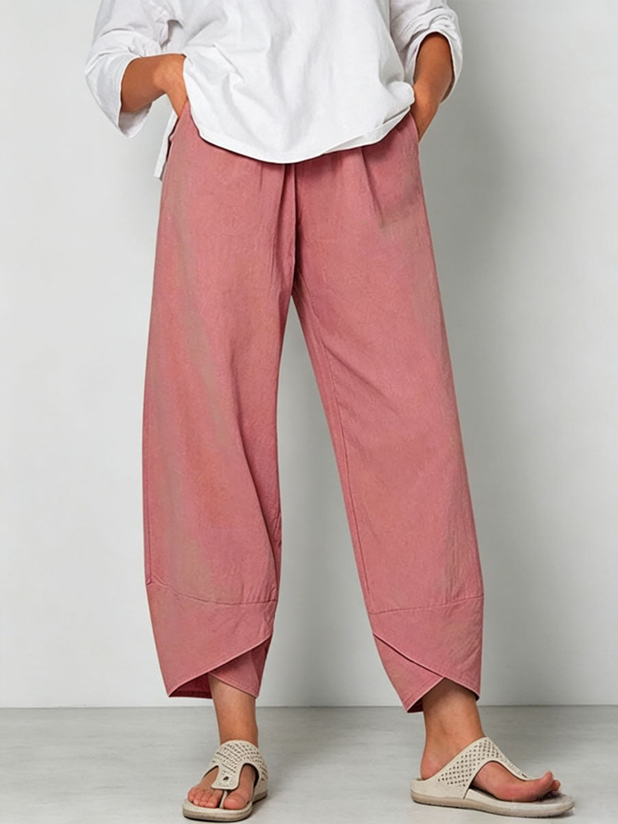 Women's Solid Color Stylish Loose-fit Casual Cropped Cotton And Linen Pants