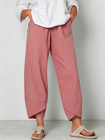 Women's Solid Color Stylish Loose-fit Casual Cropped Cotton And Linen Pants