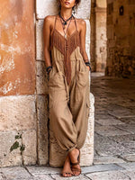 Women's Solid Color V-neck Cotton-linen Loose-fit Halter-neck Wide-leg Jumpsuit With Tassels And Tie-back Detail