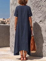 Women's Solid-color Cotton-linen Casual Loose-fit Short-sleeve Dress With Cut-out Neckline