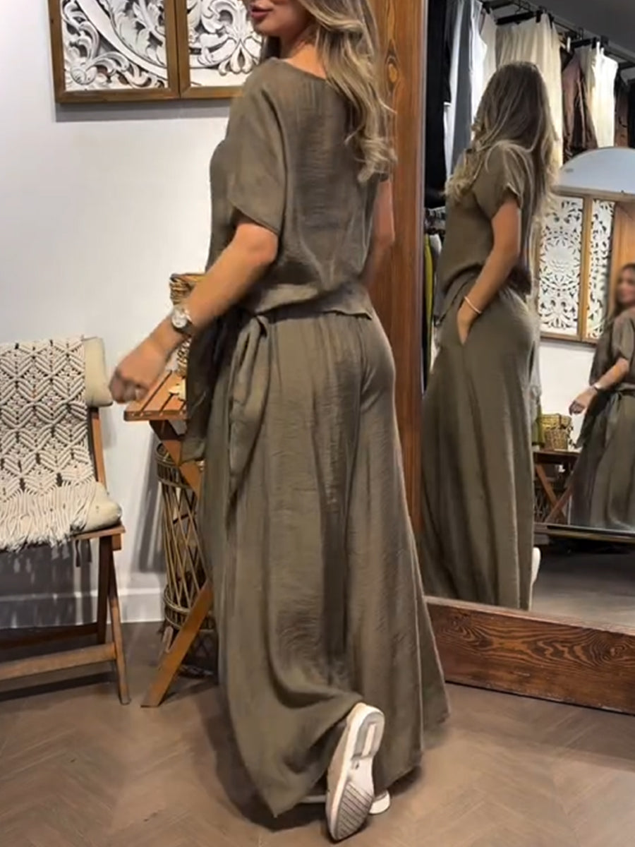 Cozy, Loose-fitting Tencel-cotton Top And Wide-leg Trousers Two-piece Set