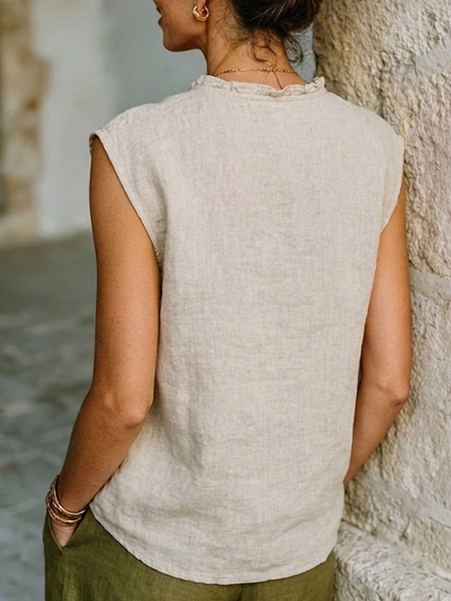 Women's Vintage Cotton-linen Sleeveless Blouse – Casual, Loose, Slimming Top With Lace Collar