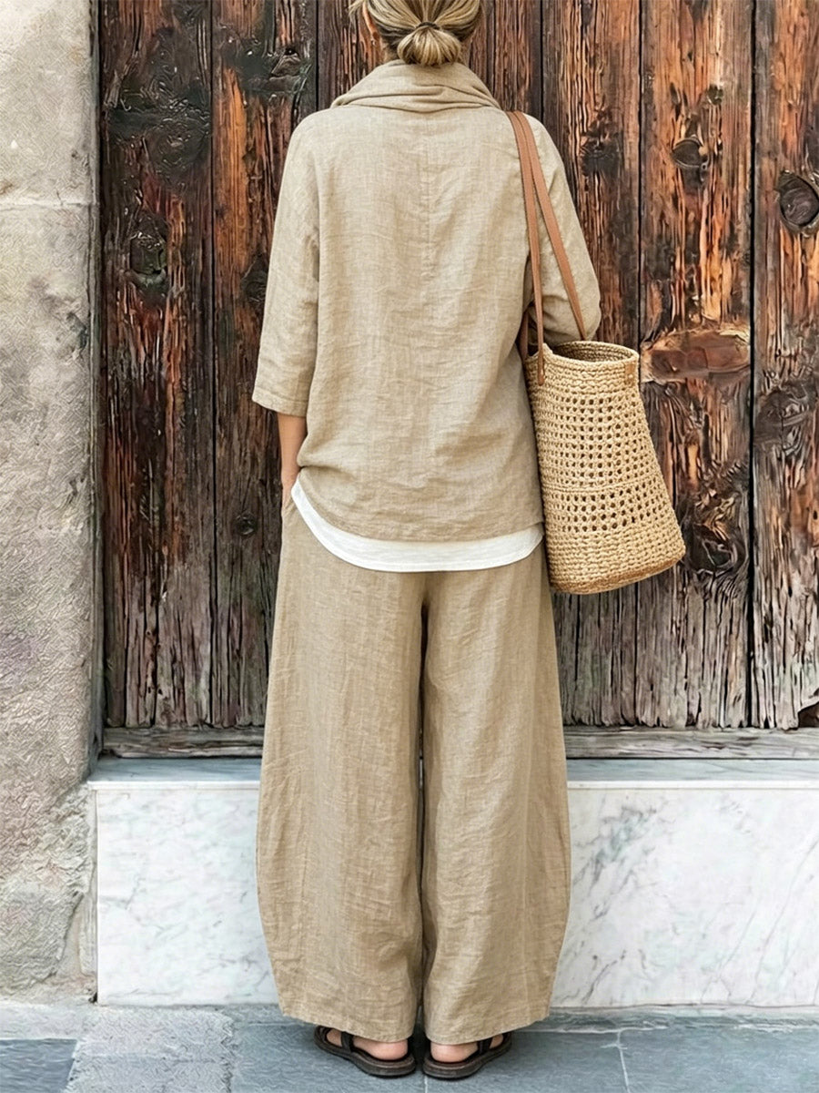 Women's Casual Stylish Cowl Neck Top And Pants Cotton And Linen Two-piece Set