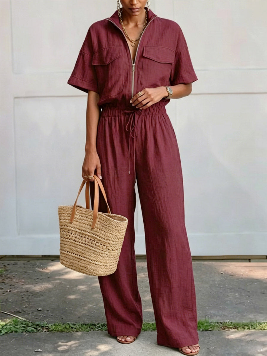 Women's Casual Loose Zip Short Sleeve Pockets Cotton Linen Jumpsuit