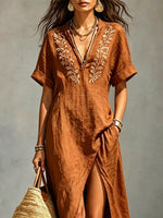 Women's Split Art Casual Stylish V-collar Short Sleeve Cotton Linen Maxi Dress