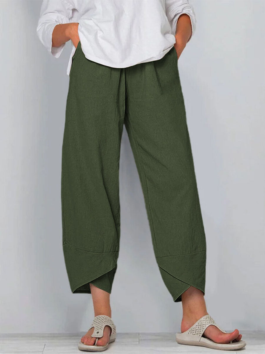 Women's Solid Color Stylish Loose-fit Casual Cropped Cotton And Linen Pants