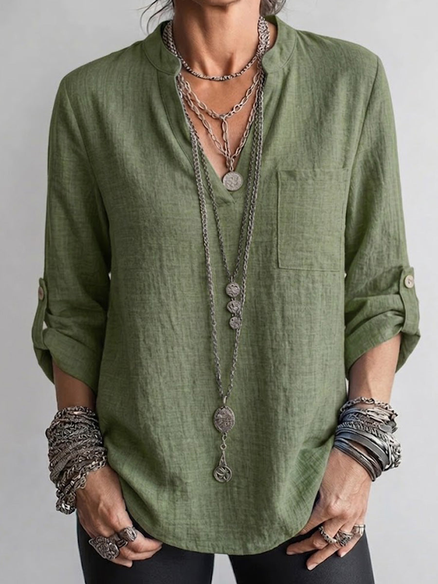 Long-sleeve Linen Top Featuring A Split Mandarin Collar, V-neck, Roll-up Sleeves, And Patch Pockets