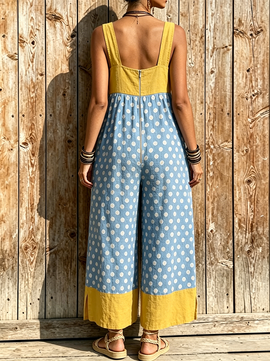 Retro-vacation Style Cotton-linen Wide-leg Jumpsuit Featuring Color-blocked Polka-dot Paneling, A Square Neckline, Sleeveless Design, And Side Slits