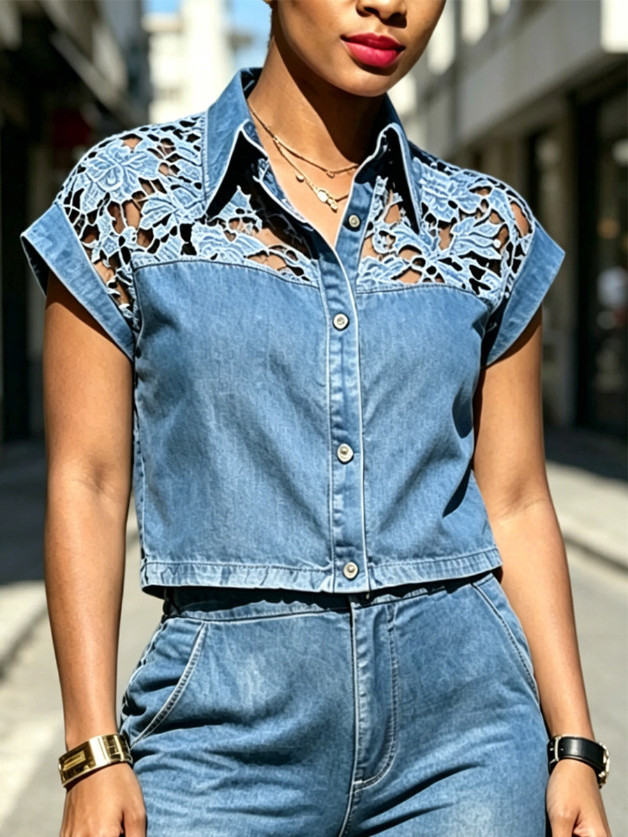 Women's Floral Hollow Art Casual Lapel Stylish Denim Patchwork Shirt