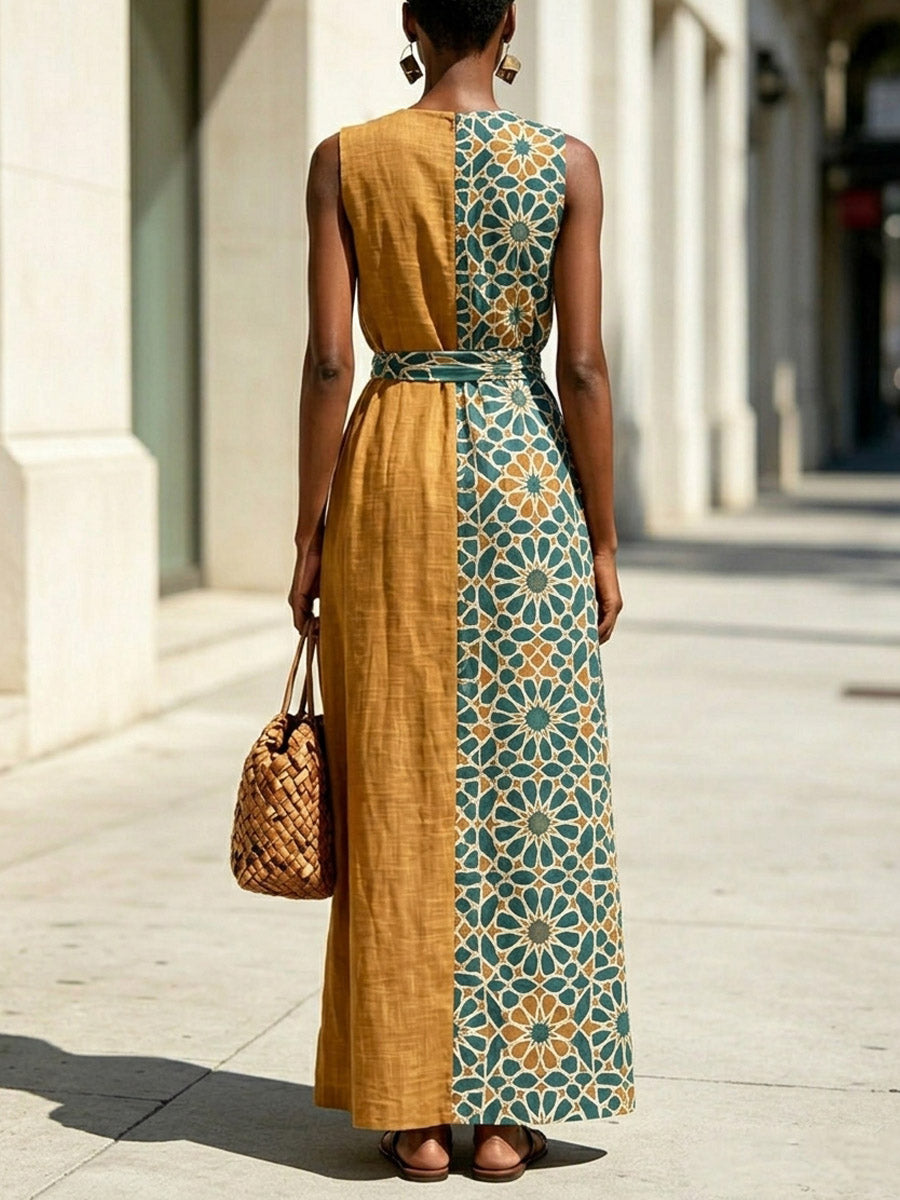 Women's Retro Floral Stylish Art Print Casual Sleeveless Cotton Linen Long Dress