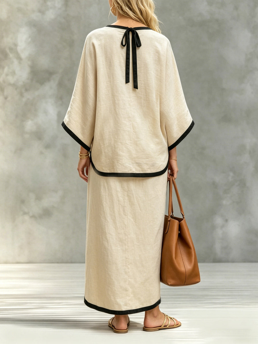 Women's Casual 3/4 Sleeve Top And Skirt Cotton And Linen Two-piece Set